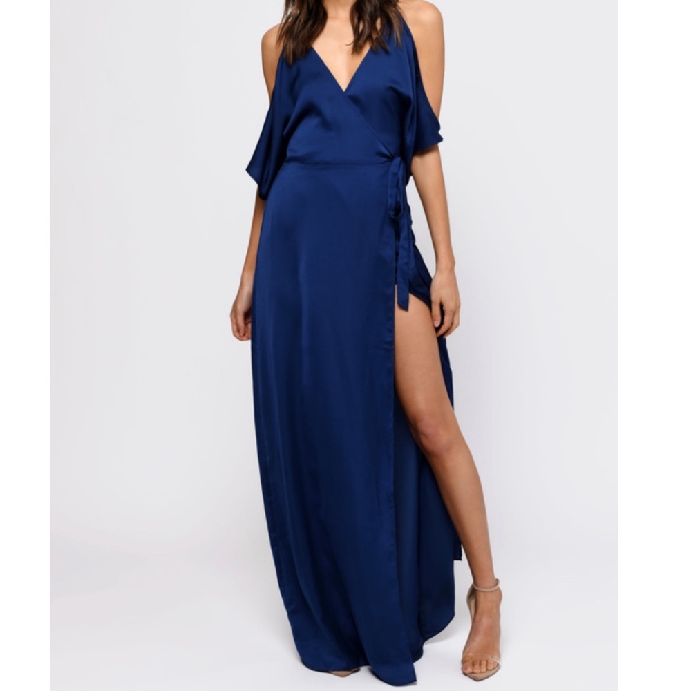 Blue Satin, Tie Back, Open Shoulder, Maxi Dress. [NWoT]
